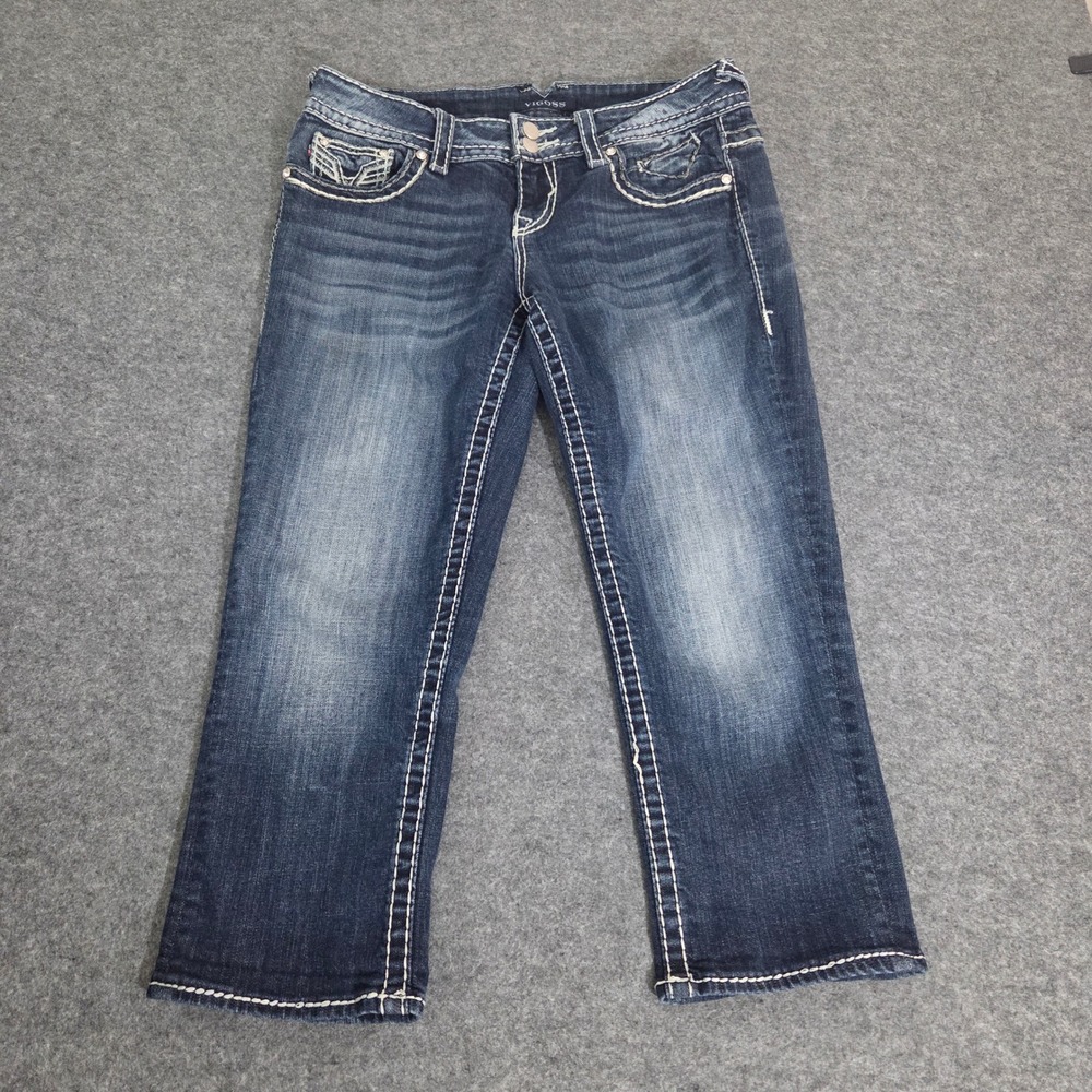 Vigoss Chelsea Capri Jeans 7/8 Y2K Rhinestone Embroidered Dark Wash Bling 21"